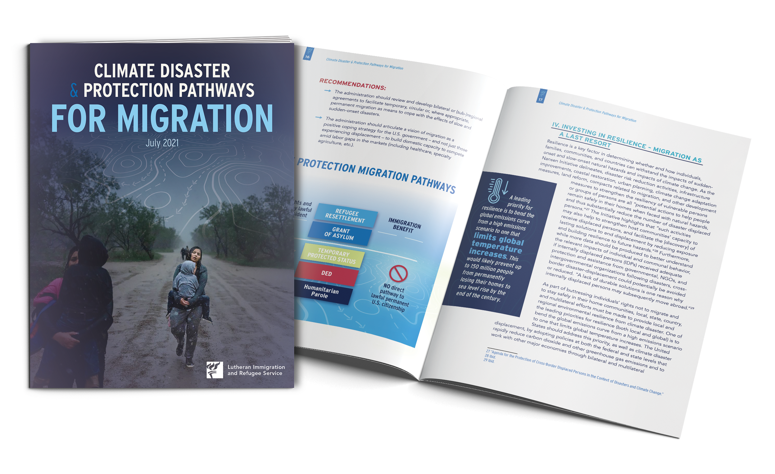 LIRS Climate Migration report cover and interior spread with infographic